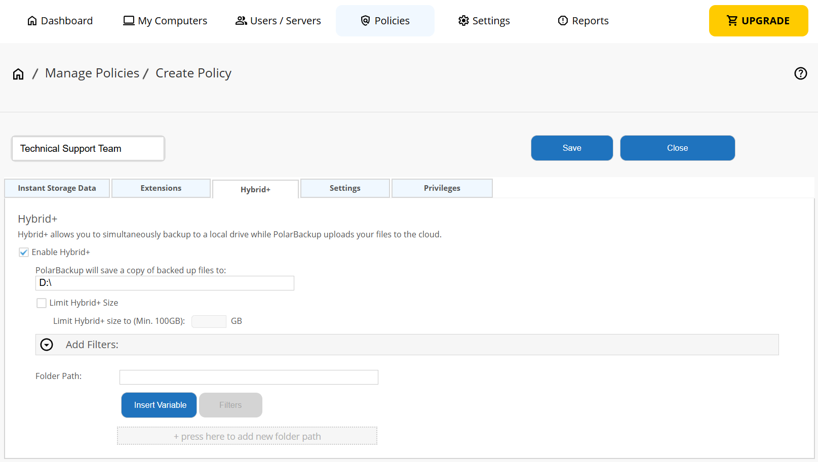 Hybrid+ Settings in Policy